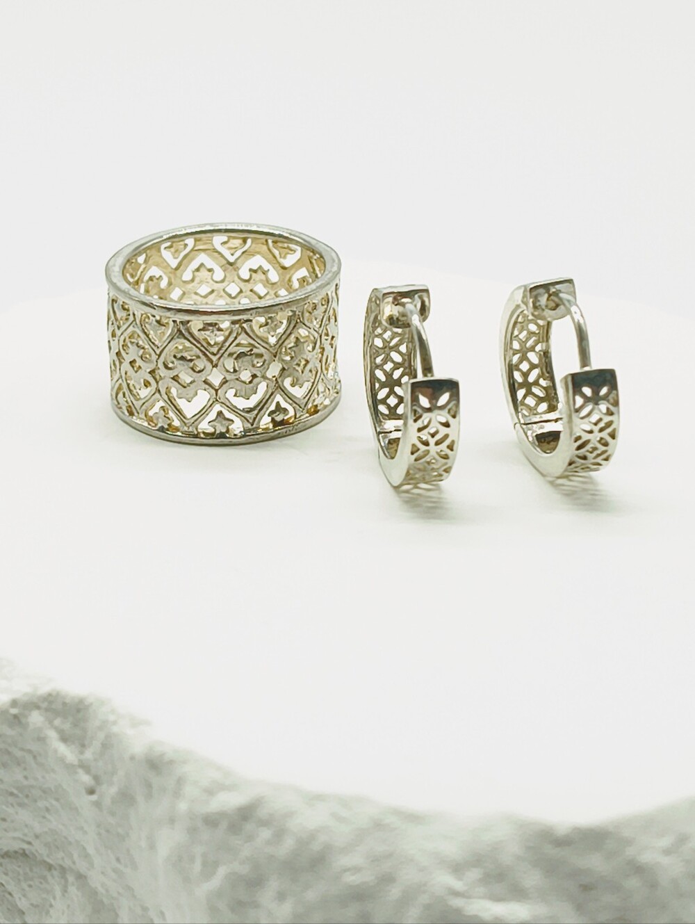 Sterling Silver Openwork Filigree Ring Earrings Set